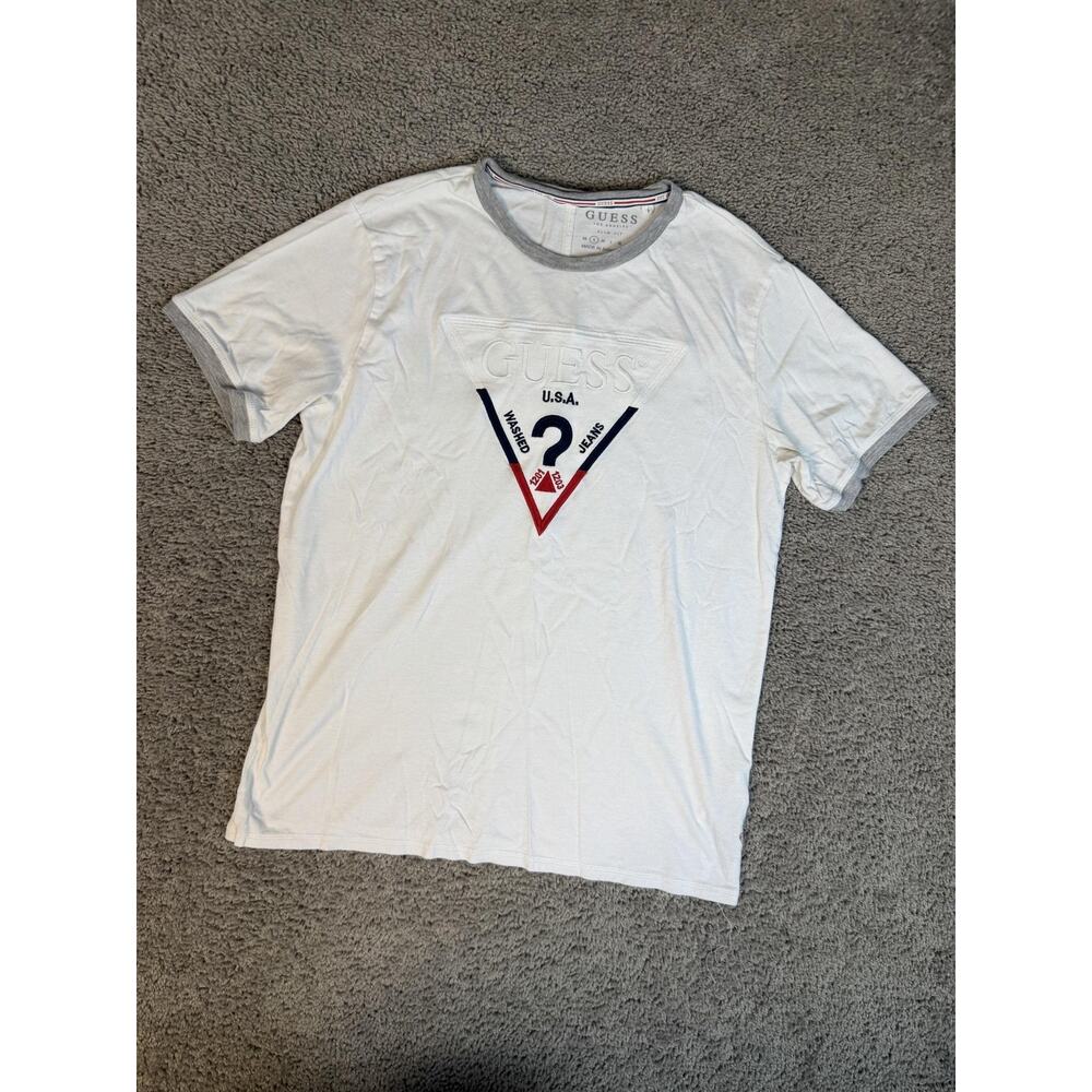 GUESS Shirt Mens S White Ringer Triangle Logo Crew Neck Cotton Modal Slim Fit - Picture 2 of 10